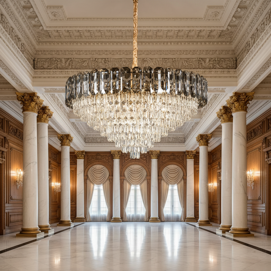 Candelabru Cristal AURUM Regalis 22xE14, Diametru 80cm, Inaltime 55cm, Auriu Lucios, Inaltime Reglabila, Design Elegant