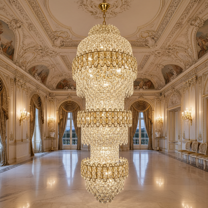 Candelabru Cristal TRIO Magno 49xE14, Diametru 65cm, Inaltime 200cm, Auriu Lucios, Inaltime Reglabila, Design Elegant