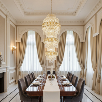 Candelabru Cristal TRIO Regalis 63xE14, Diametru 80cm, Inaltime 260cm, Auriu Lucios, Inaltime Reglabila, Design Elegant