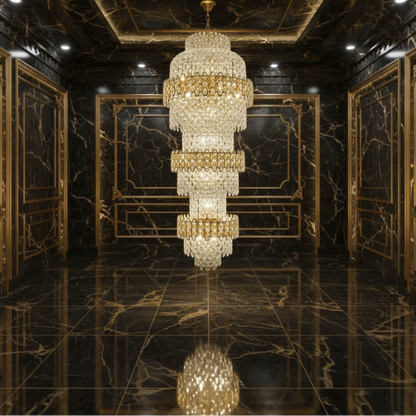 Candelabru Cristal TRIO Regalis 63xE14, Diametru 80cm, Inaltime 260cm, Auriu Lucios, Inaltime Reglabila, Design Elegant