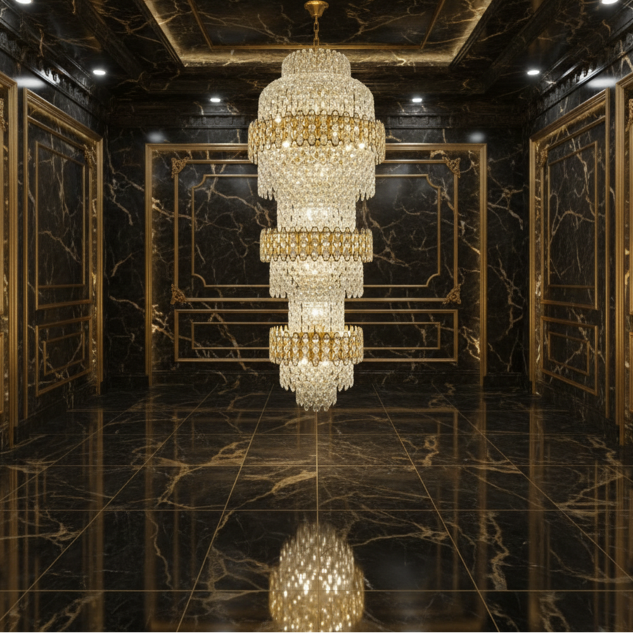 Candelabru Cristal TRIO Regalis 63xE14, Diametru 80cm, Inaltime 260cm, Auriu Lucios, Inaltime Reglabila, Design Elegant
