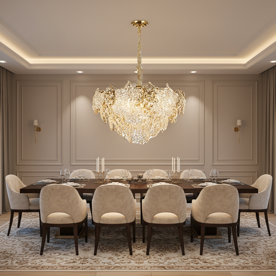 Candelabru Cristal LUXE Regalis, 21xE14, Diametru 80cm, Inaltime 45cm, Auriu Lucios, Inaltime Reglabila, Design Elegant