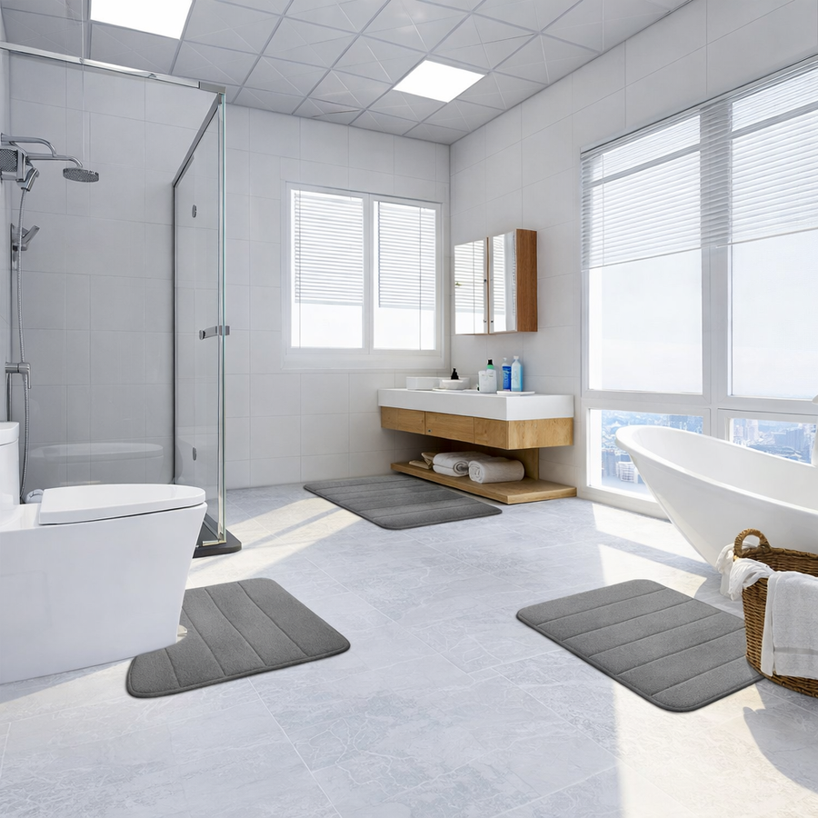 Covorase de Baie, 80x50 cm / 50x40 cm, Gri, Antiderapant, Absorbant, Set 2 bucati