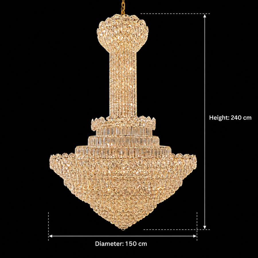 Candelabru Cristal PALAIS Grande 65xE14, Diametru 150cm, Inaltime 240cm, Auriu Lucios, Inaltime Reglabila, Design Elegant
