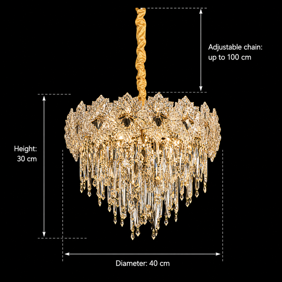 Candelabru Cristal FLEUR Nobile 5xE14, Diametru 40cm, Inaltime 30cm, Auriu Lucios, Inaltime Reglabila, Design Elegant
