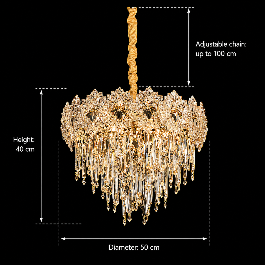 Candelabru Cristal FLEUR Eleganza 9xE14, Diametru 50cm, Inaltime 40cm, Auriu Lucios, Inaltime Reglabila, Design Elegant