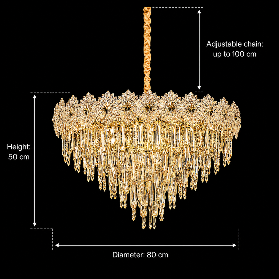 Candelabru Cristal FLEUR Regalis 22xE14, Diametru 80cm, Inaltime 50cm, Auriu Lucios, Inaltime Reglabila, Design Elegant