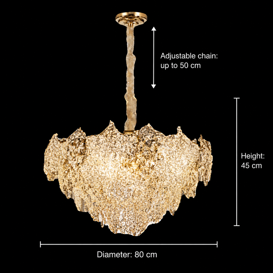 Candelabru Cristal LUXE Regalis, 21xE14, Diametru 80cm, Inaltime 45cm, Auriu Lucios, Inaltime Reglabila, Design Elegant