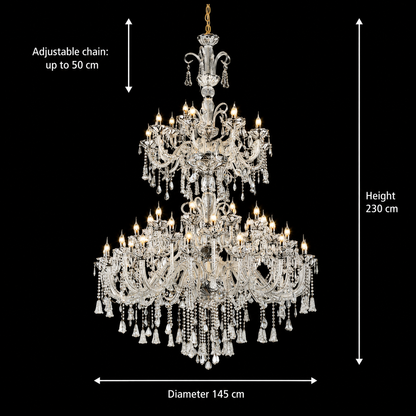 Candelabru Cristal , 55xE14, Diametru 145cm, Inaltime 230cm, Argintiu, Inaltime Reglabila, Design Elegant