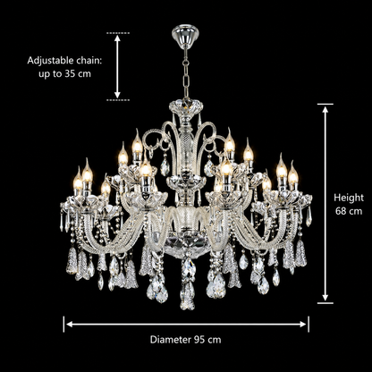 Candelabru Cristal 15xE14, D95cm, Argintiu, Inaltime Reglabila, Metal si Cristal