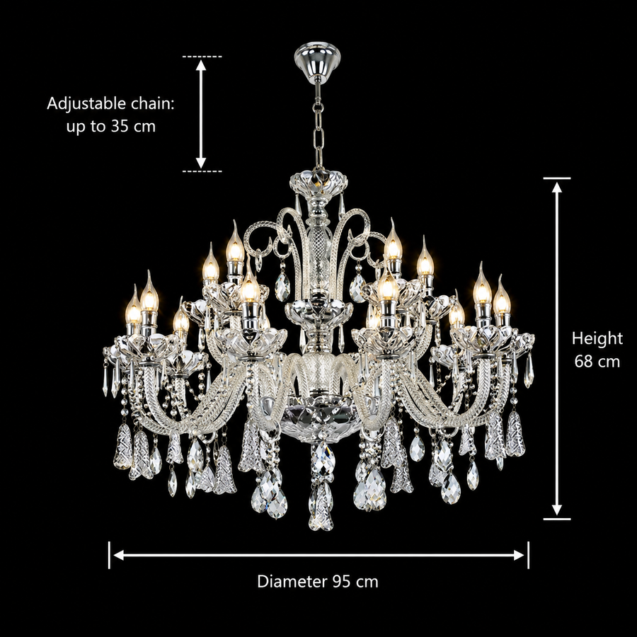 Candelabru Cristal 15xE14, D95cm, Argintiu, Inaltime Reglabila, Metal si Cristal