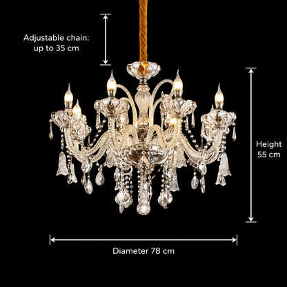 Candelabru Cristal 8xE14, D78cm, Argintiu, Inaltime Reglabila, Metal si Cristal