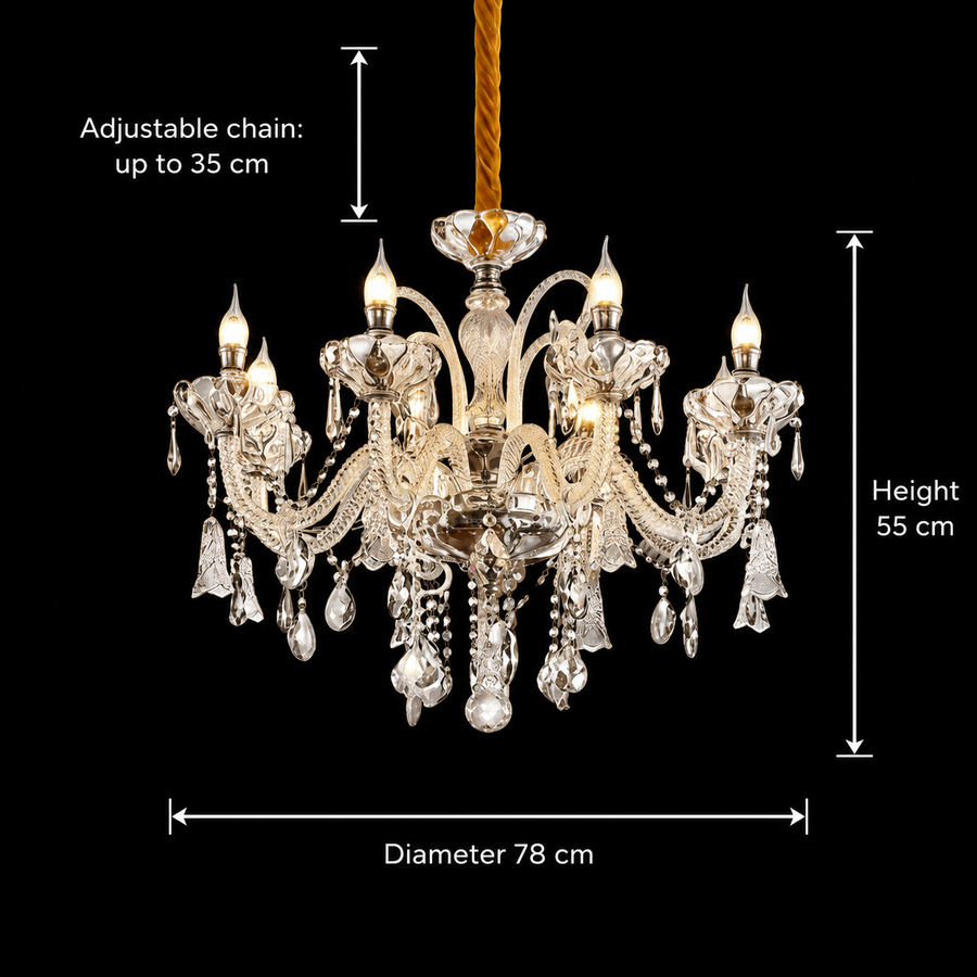 Candelabru Cristal 8xE14, D78cm, Argintiu, Inaltime Reglabila, Metal si Cristal