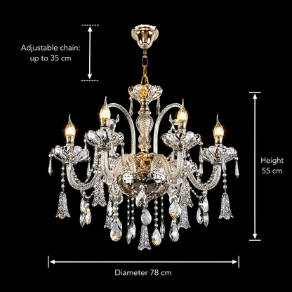 Candelabru Cristal 6xE14, D68cm, Argintiu, Inaltime Reglabila, Metal si Cristal