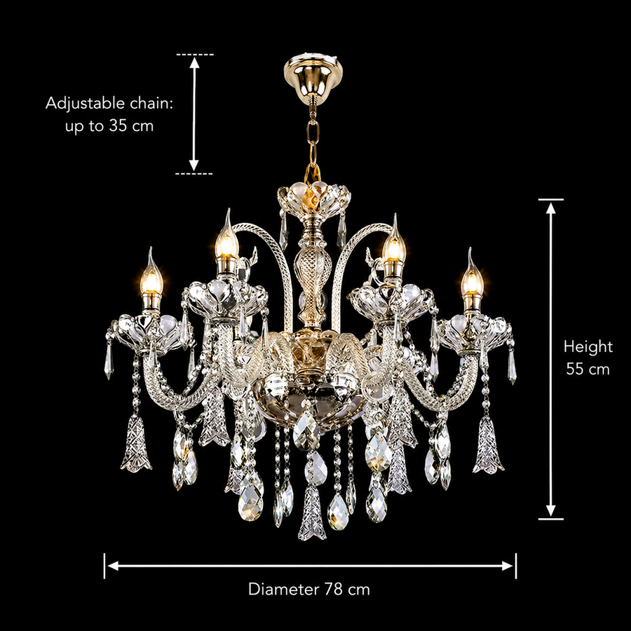 Candelabru Cristal 6xE14, D68cm, Argintiu, Inaltime Reglabila, Metal si Cristal