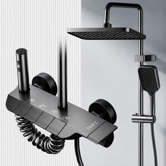 Coloana de dus ATID, Metal, Para Patrata, Efect Ploaie, 3 Functii, Montare Pe Perete, Negru, Accesorii Incluse