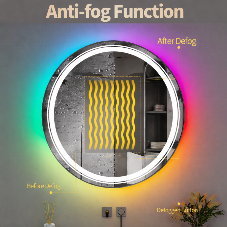 Oglinda LED Rotunda, 70cm, Celeste MotionGlow Marcello, Lumina RGB, Boxa Bluetooth, Sistem Dezaburire, Ceas & Termometru, Dimabila 70X70BTRGB