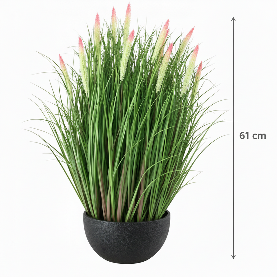 Planta Artificiala, Iarba in Ghiveci Ornamentala Tip Coada Vulpii, 61 cm, cu 19 Spice, Verde si Roz