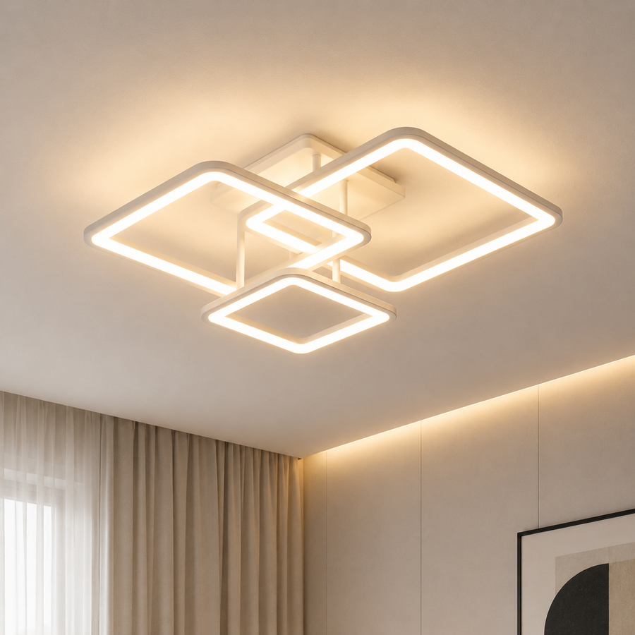 Lustra LED cu telecomanda ZOE, 60W, 3 Patrate, lumina Rece/Calda/Neutra, Dimabila, Alb, Metal si Acril