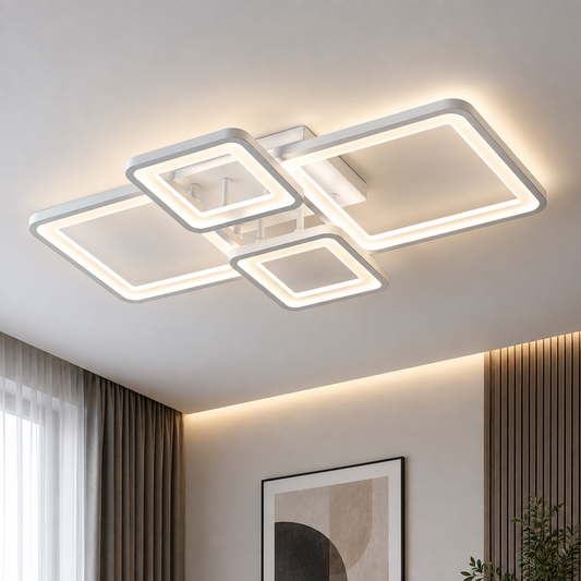 Lustra LED cu telecomanda ELLA 67W, 4 Patrate, lumina Rece/Calda/Neutra, Dimabila, Alb, Metal si Acril