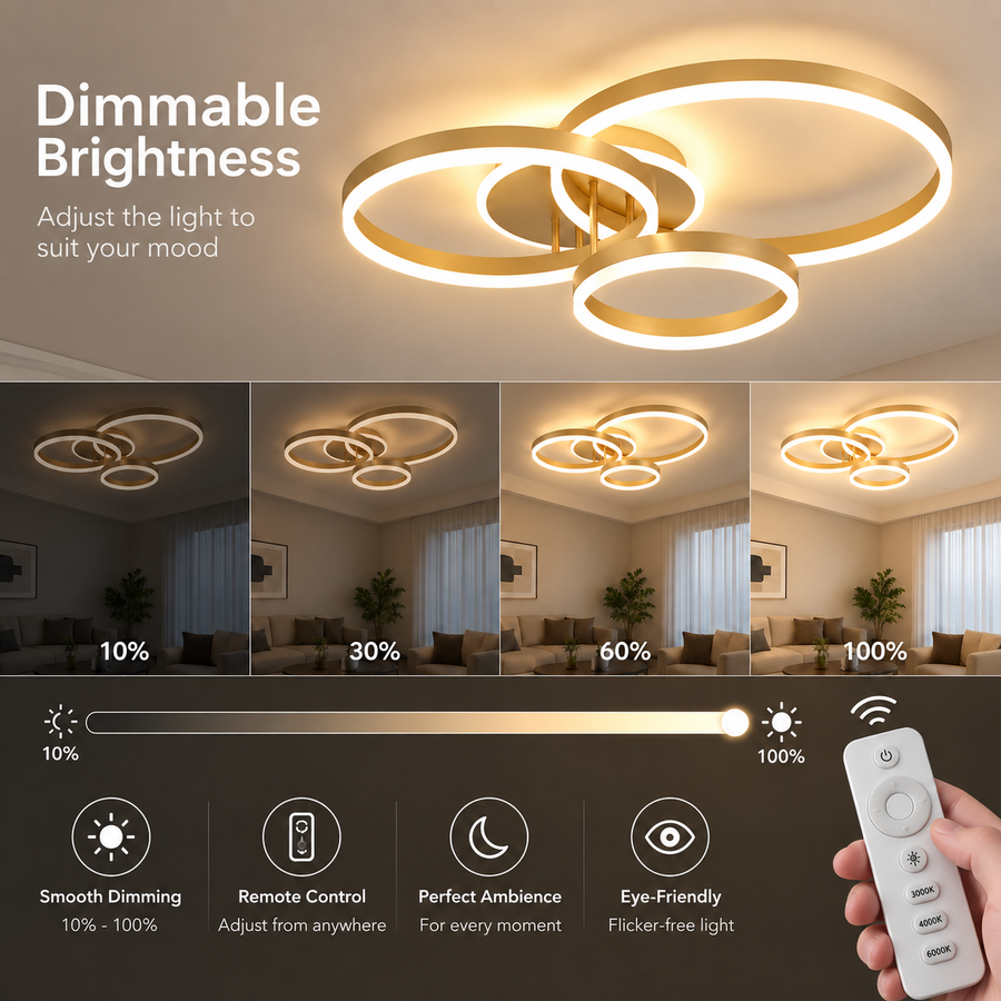 Lustra LED cu telecomanda RIGA LILITH 68W, 3 Cercuri, lumina Rece/Calda/Neutra, Dimabila, Auriu Lucios