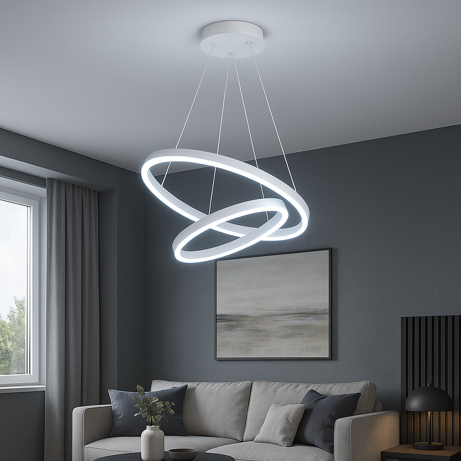 Lustra LED suspendata cu telecomanda CASIANA 41W, 2 Cercuri, lumina Rece/Calda/Neutra, Dimabila, Alb, Inaltime Reglabila