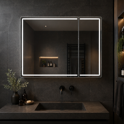 Oglinda LED cu Dulap LENTO 80x70 cm Gri  Iluminare Perimetrala si Senzor Radar