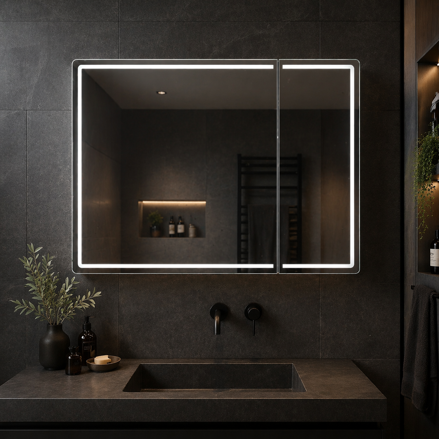 Oglinda LED cu Dulap LENTO 80x70 cm Gri  Iluminare Perimetrala si Senzor Radar