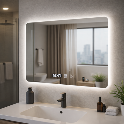 Oglinda LED Dreptunghiulara ARTAR Touch, 80X60cm, Sistem Dezaburire, Dimabila, Ceas si Temperatura, Lumina Calda Neutra Rece 3000K/4000K/6000K