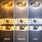 Lustra LED cu Telecomanda, LLC135/2GD, Cristal si Metal, 80W, 2 Cerc, Dimabila, Inaltime Reglabila, Lumina Rece/Calda/Neutra 3000K/4000K/6000K, Iluminat Luxos