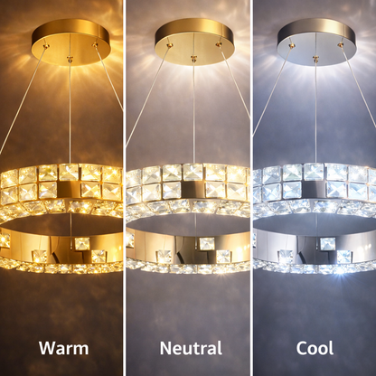 Lustra LED cu Telecomanda, LLC135/2GD, Cristal si Metal, 80W, 2 Cerc, Dimabila, Inaltime Reglabila, Lumina Rece/Calda/Neutra 3000K/4000K/6000K, Iluminat Luxos