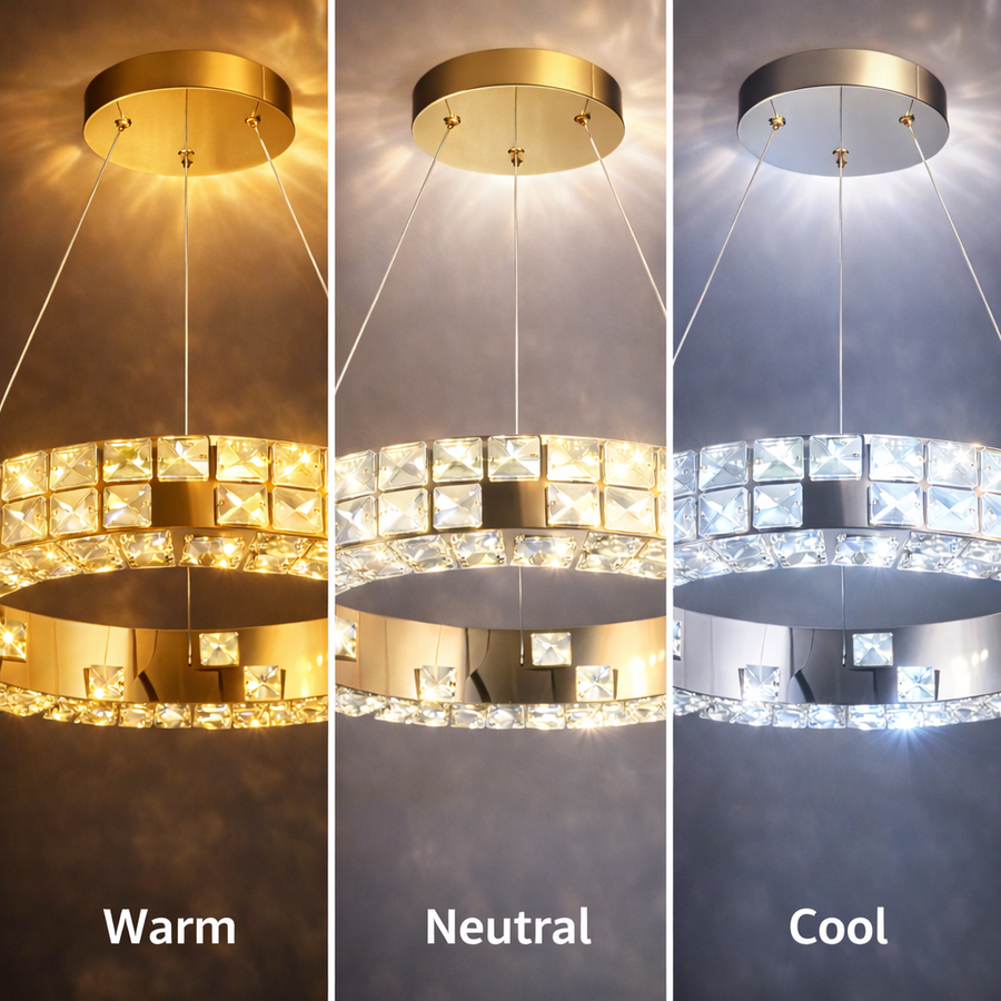 Lustra LED cu Telecomanda, LLC135/2GD, Cristal si Metal, 80W, 2 Cerc, Dimabila, Inaltime Reglabila, Lumina Rece/Calda/Neutra 3000K/4000K/6000K, Iluminat Luxos