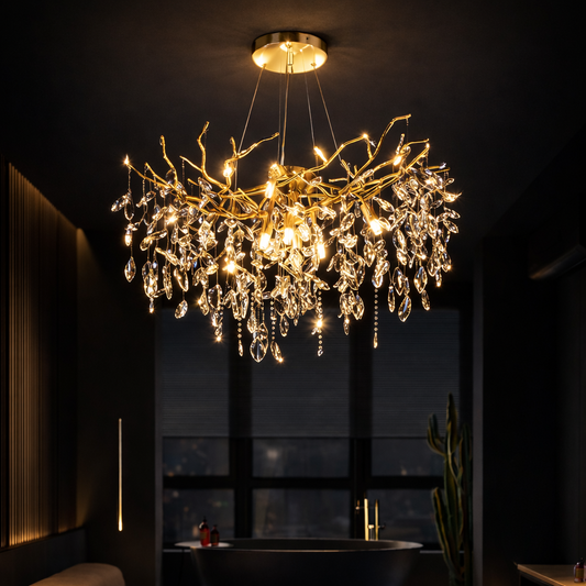 Candelabru Cristal WALTZ Rhapsody, 9x G9, Auriu, 60cm, Inaltime Reglabila, Metal si Cristal