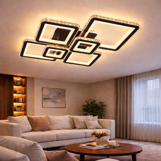 Lustra LED cu telecomanda si cristal QUADRIS RGB 177W, 6 Patrate, lumina Rece/Calda/Neutra 3000K/4000K/6000K, Dimabila, Negru, Metal si Cristal