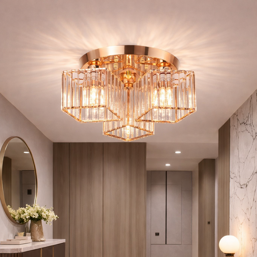 Lustra Clasica Moderna Sasha, LC117/3GD, 3x E27, Metal si Cristal, Auriu, Abajur