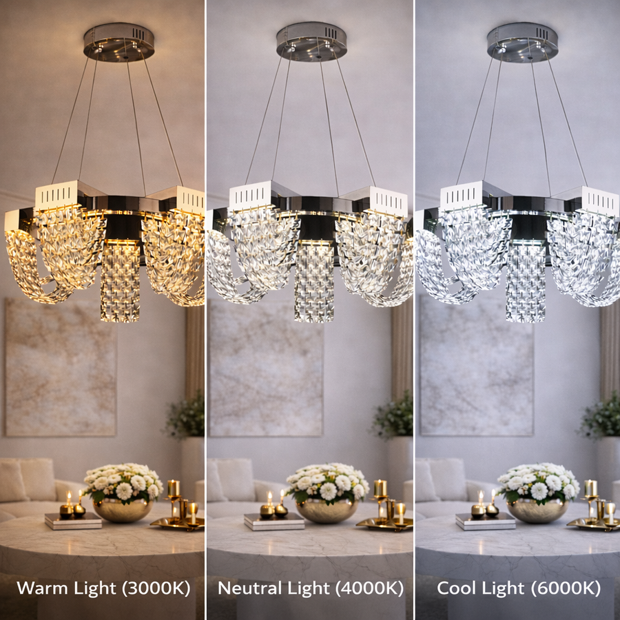Candelabru Cristal LED 30W, CC370/500CH, Diametru 49cm, Crom Lucios, Lumina Calda Neutra Rece 3000K/4000K/6000K Inaltime Reglabila, Metal si Cristal