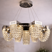 Candelabru Cristal LED 40W, CC370/800CH, Diametru 80cm, Crom Lucios, Inaltime Reglabila, Lumina Calda Neutra Rece 3000K/4000K/6000K, Metal si Cristal