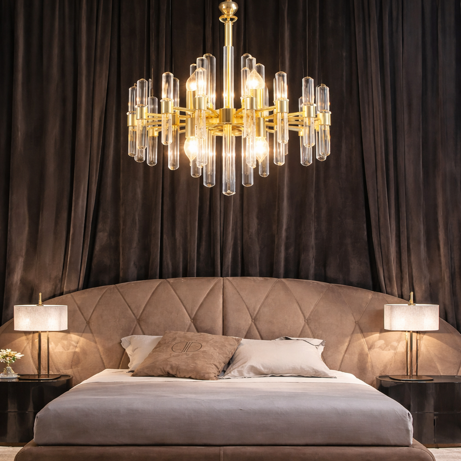 Candelabru Cristal CC850/480GD ,6xE14, 48X45cm, Inaltime Reglabila, Auriu Lucios, Inaltime Reglabila, Design Elegant, Metal si Cristal