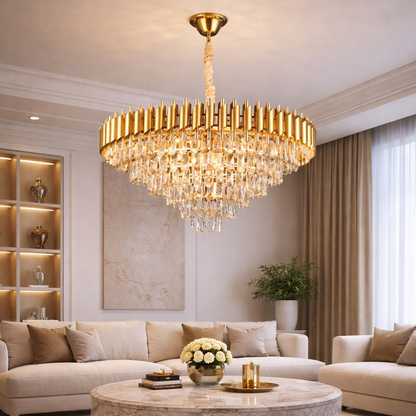 Candelabru Cristal VERSAILLES Supremo, CC900/800GD, 12xE14, Diametru 80cm, Auriu Lucios, Inaltime Reglabila, Metal si Cristal