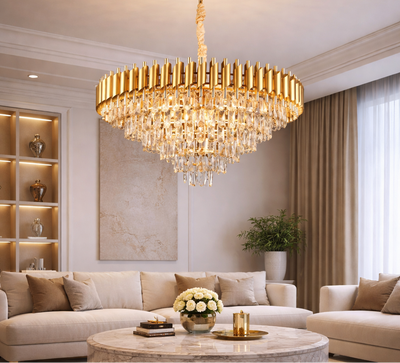 Candelabru Cristal VERSAILLES Supremo, CC900/800GD, 12xE14, Diametru 80cm, Auriu Lucios, Inaltime Reglabila, Metal si Cristal