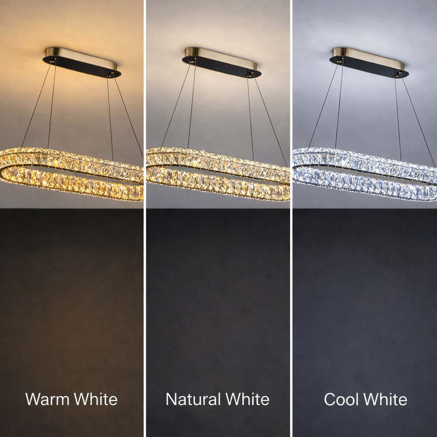 Lustra LED cu Telecomanda, LLC132/900X300GD, Cristal si Metal, 80W, 1 Cerc, Dimabila, Inaltime Reglabila, Lumina Rece/Calda/Neutra, Iluminat Luxos