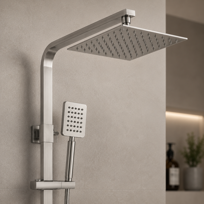SET Coloana de dus cu baterie, Inox, para patrata, efect ploaie, 3 functii, montare pe perete, Satinat, Accesorii Incluse, LY005