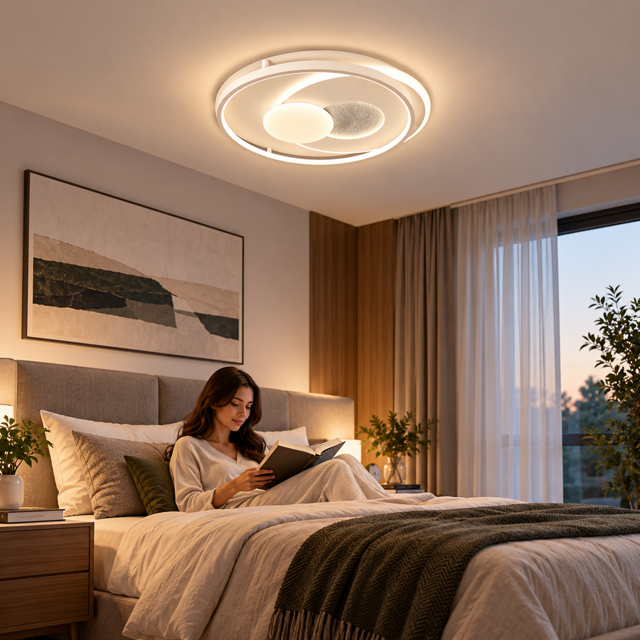 Lustra LED cu telecomanda ISTARAVSHAN, Forma Rotunda, 86W, lumina Rece/Calda/Neutra, Dimabila, Alb