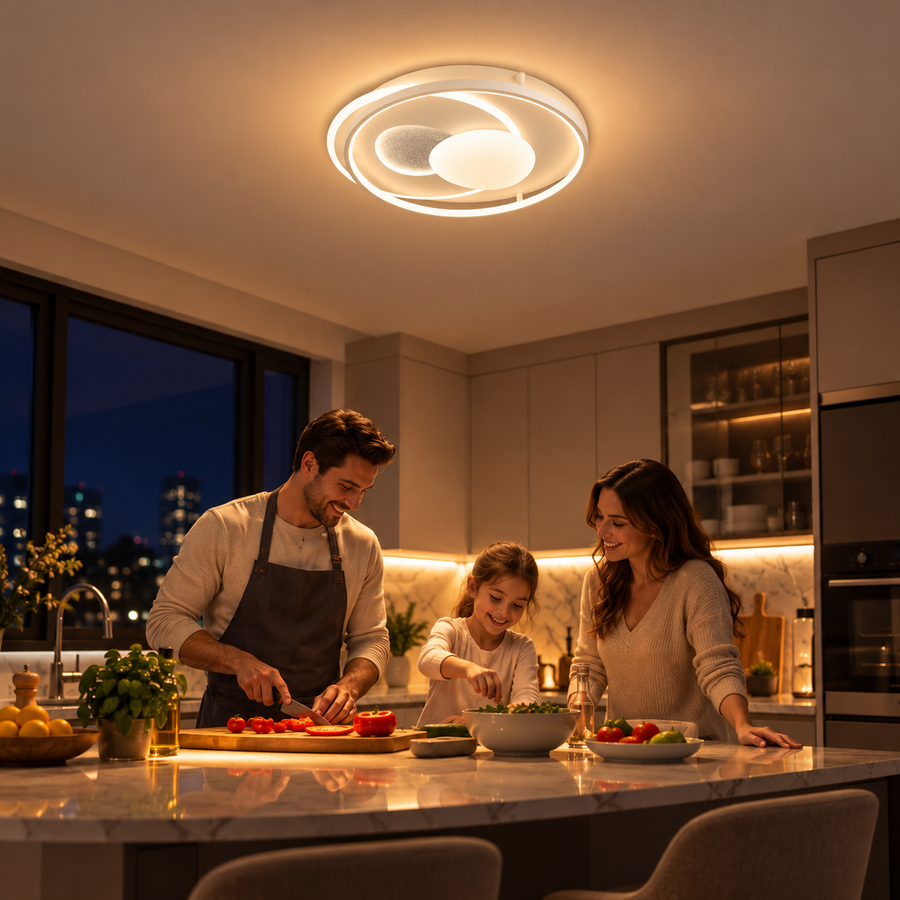 Lustra LED cu telecomanda ISTARAVSHAN, Forma Ovala, 85W, lumina Rece/Calda/Neutra, Dimabila, Alb