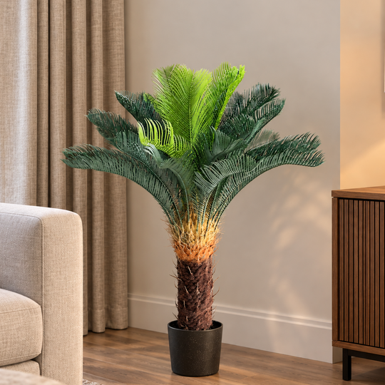 Planta Artificială Copac Tip Palmier, 36 frunze, 115 cm, Verde, cu Ghiveci