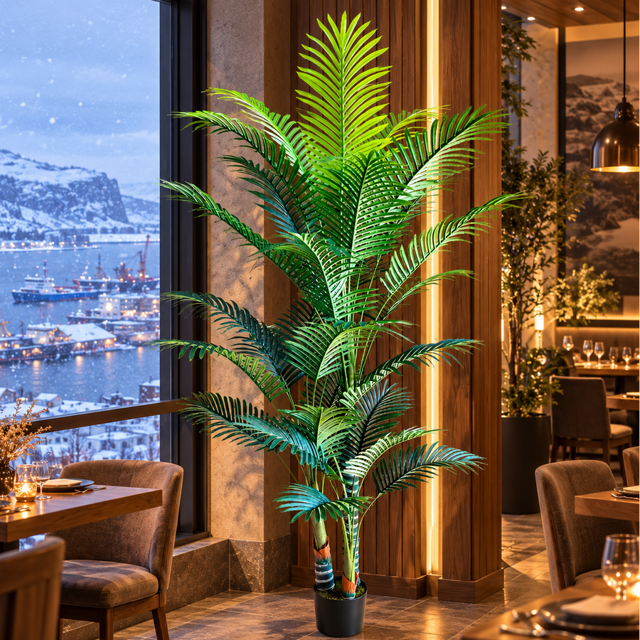 Planta Artificială Copac Tip Palmier Kentia, 3 tulpini, 17 frunze, 220 cm, Verde, cu Ghiveci
