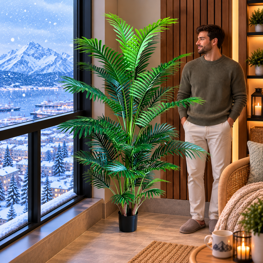 Planta Artificială Copac Tip Palmier Kentia, 3 tulpini, 30 frunze, 190 cm, Verde, cu Ghiveci
