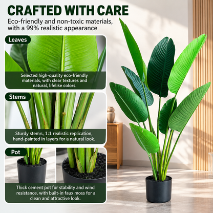 Plantă Artificială Tip Strelitzia Nicolai(Pasărea Paradisului), 120 cm, 8 frunze, Verde