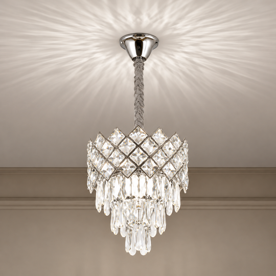 Candelabru Cristal VECTORIA Petito 3xE14, Diametru 28cm, Crom Lucios, Inaltime Reglabila, Metal si Cristal