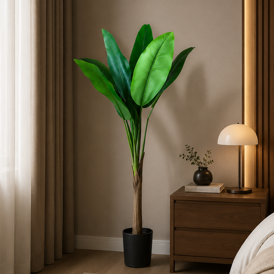 Planta Artificială Copac Tip Bananier, 130 cm, 6 frunze, Verde, cu Ghiveci